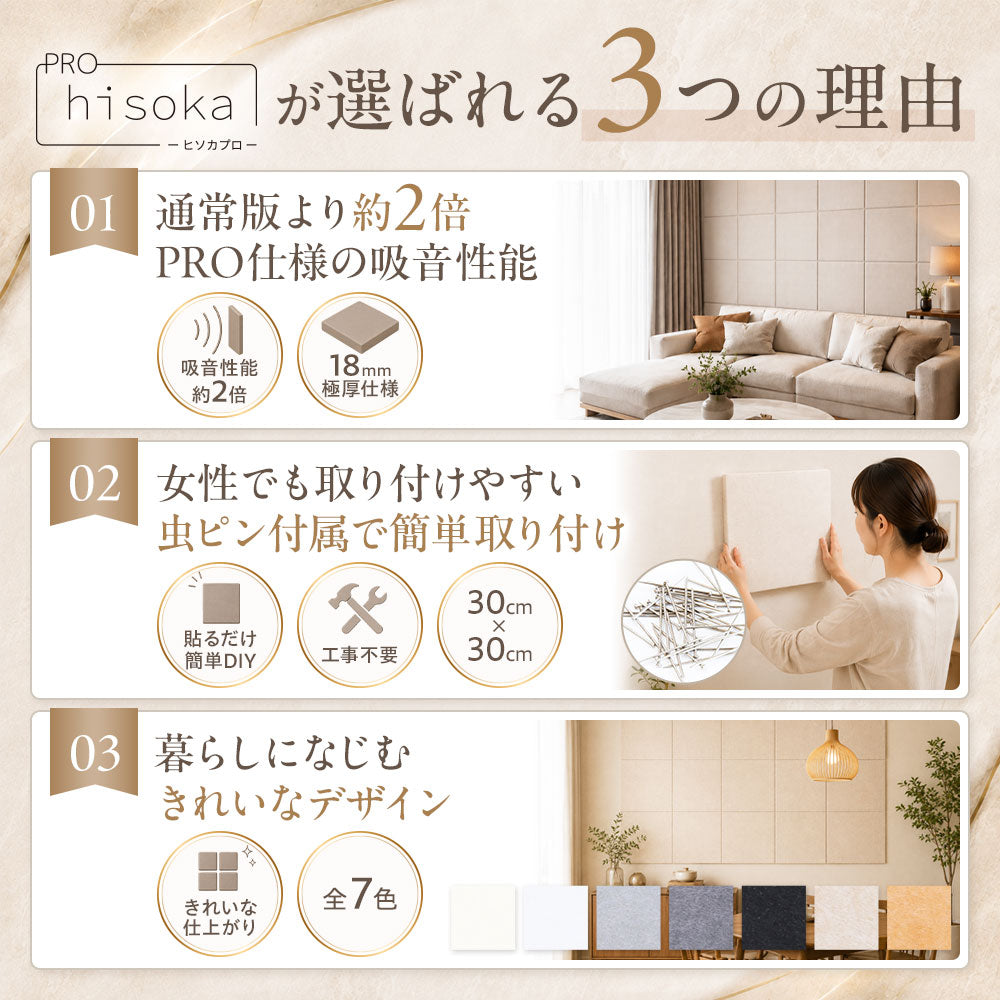吸音パネル 「hisokaPRO」 スクエア型 厚さ18mm 虫ピン付属 12枚セット