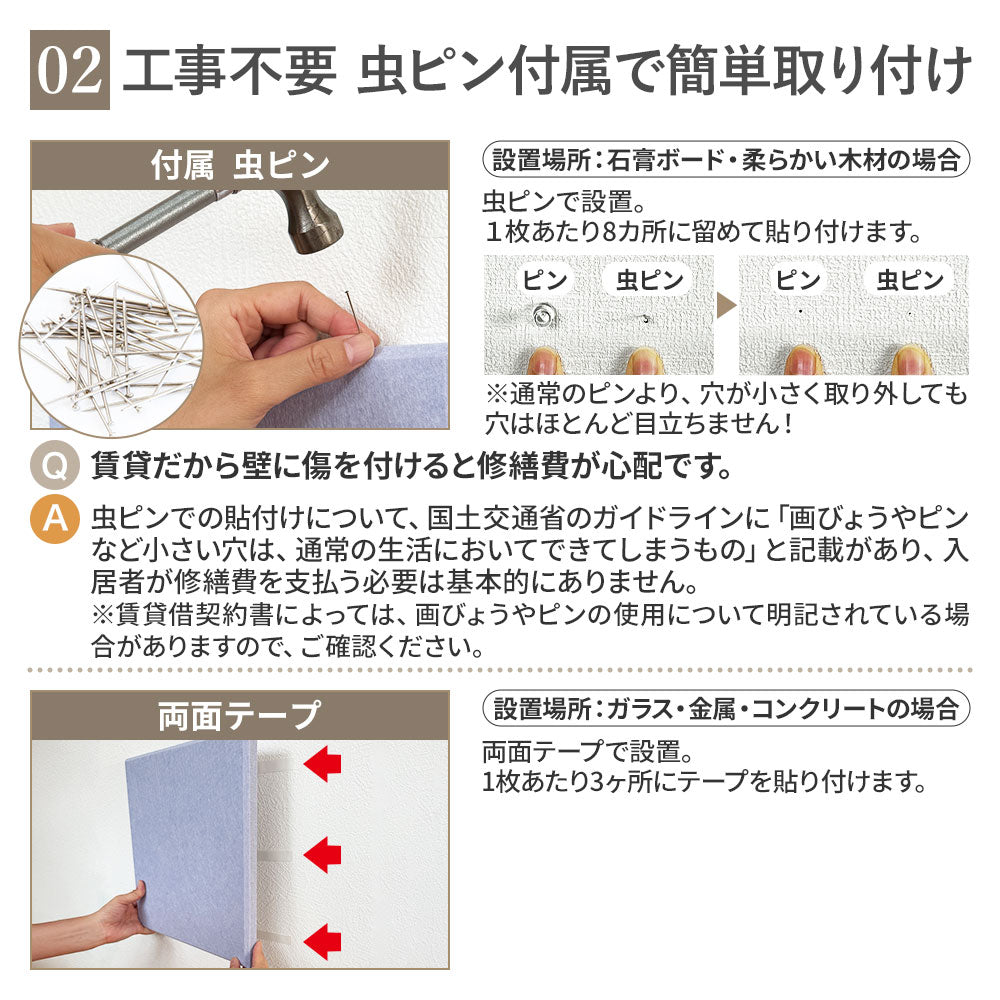 吸音パネル 「hisokaPRO」 スクエア型 厚さ18mm 虫ピン付属 12枚セット